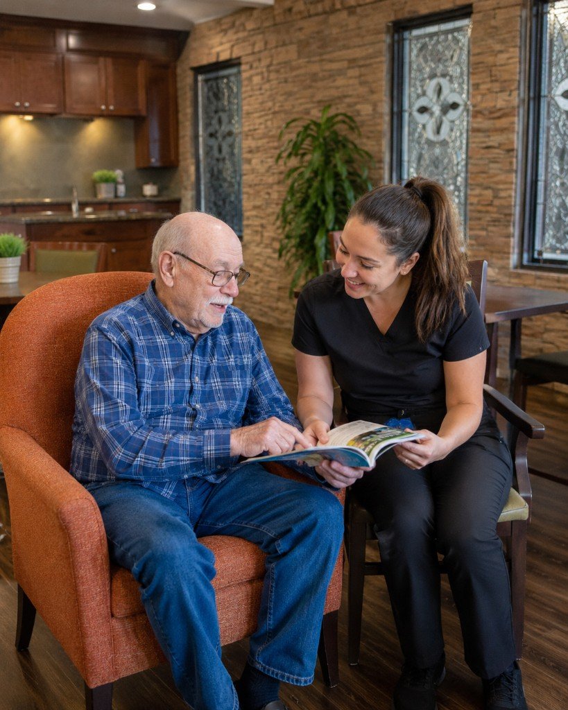 A caregiver sharing a warm moment with a resident at Hummingbird