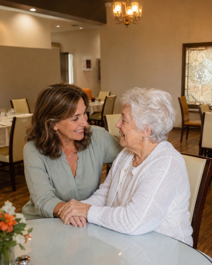 A daughter and her mother sharing a reassuring moment in the dining room